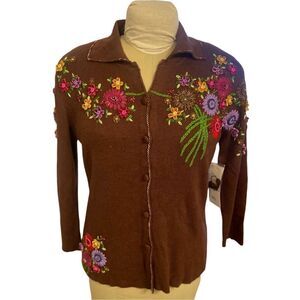 NWT Embroidered Cardigan by Just B Sz. M Cotton Blend Chocolate Brown